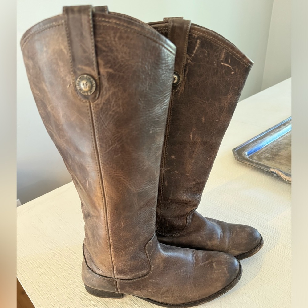 Frye 3477172 SLT Women Melissa Button Riding Boot Brown Grey Leather Size 9.5 B